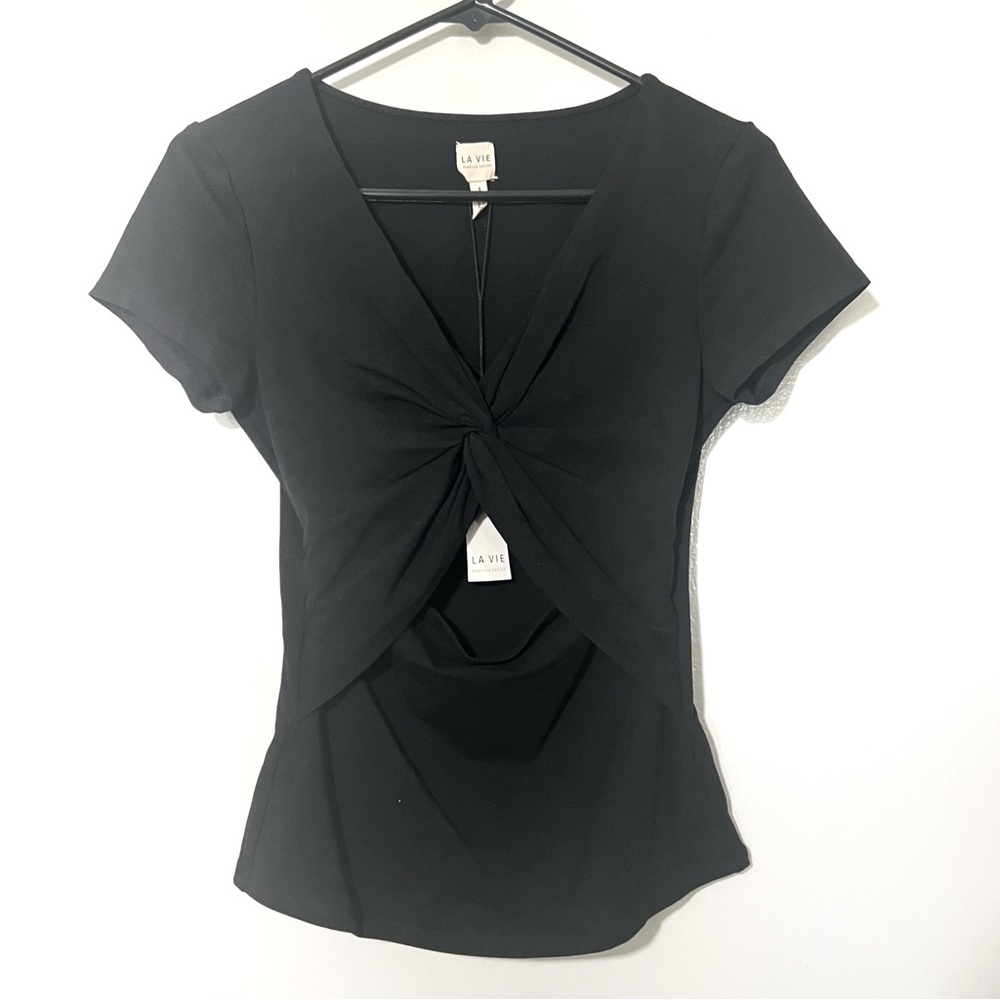 La Vie by Rebecca Taylor Front Cut Out Short Sleeve T Jersey Strech Black Top S